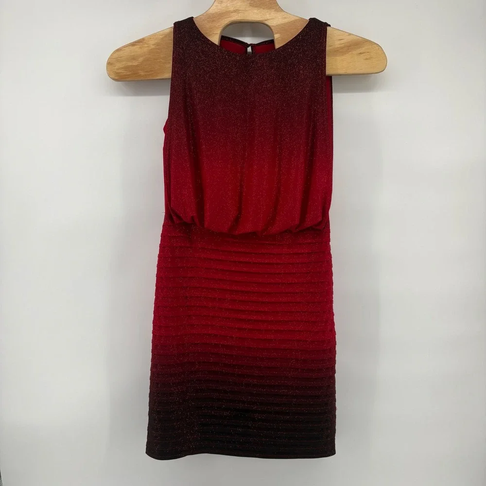 R&M Richards 8 Red Ombre Glitter Sleeveless Pleated Holiday Party Cocktail Dress